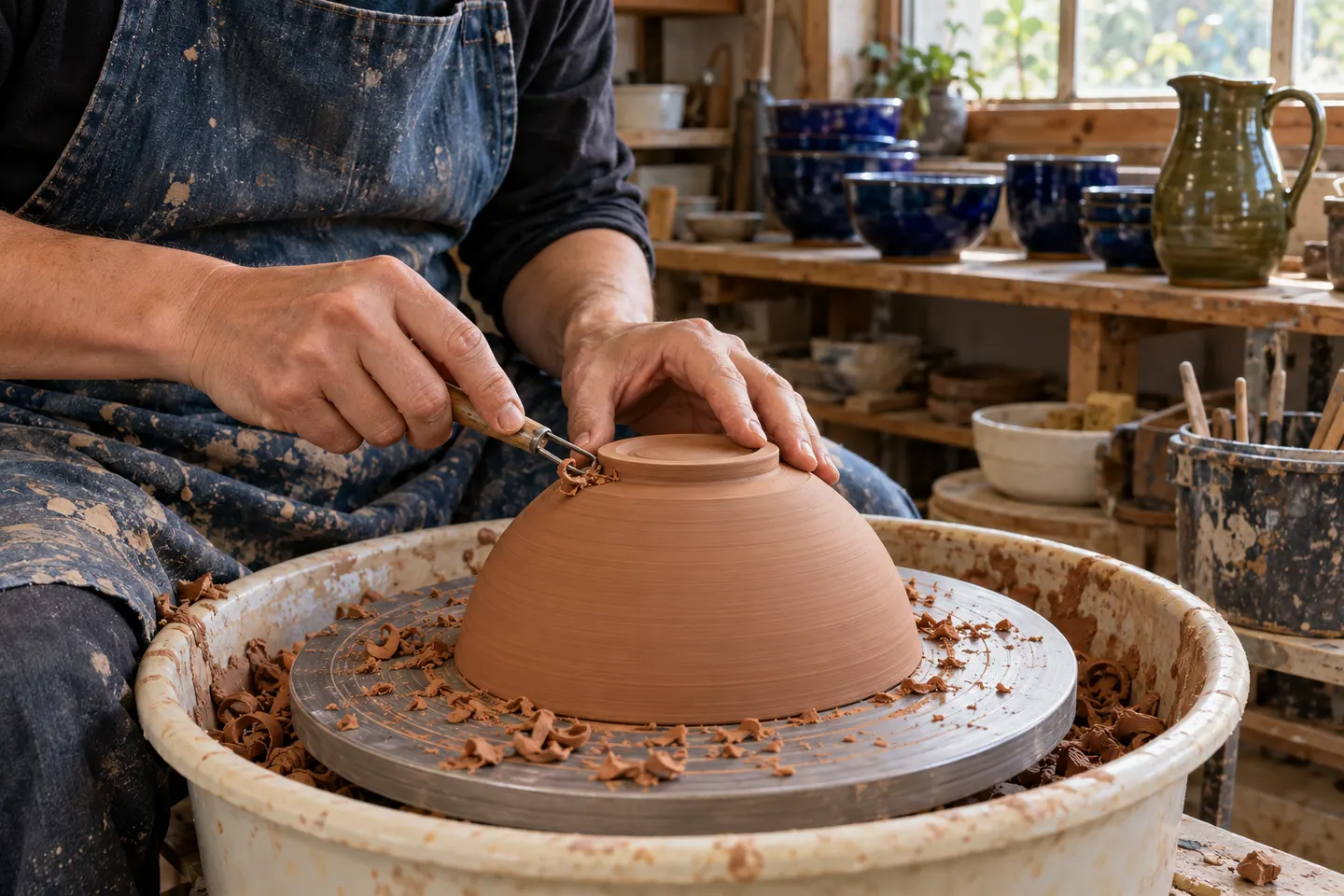 Illustration réaliste du tournassage d’un bol en céramique