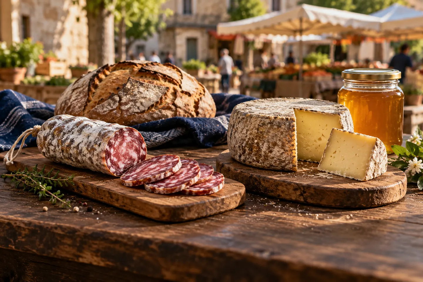 Illustration de fromage, charcuterie, pain et miel sur un étal