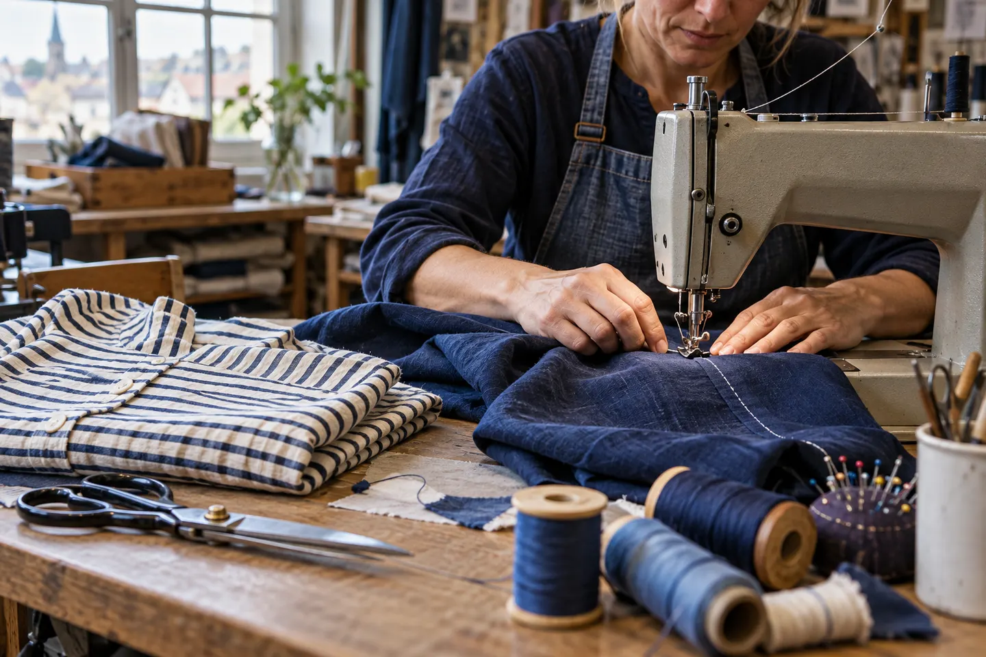Illustration d’une artisane cousant un tissu indigo dans un atelier textile